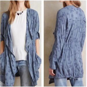 Anthropologie Hei Hei Melita Embroidered Floral Blue Draped Trench Duster Medium